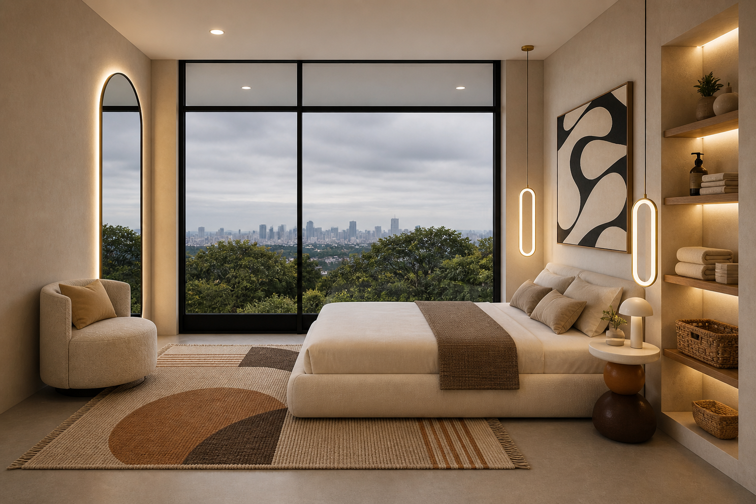 Bedroom variation A — arched window, lounge chair, abstract artwork