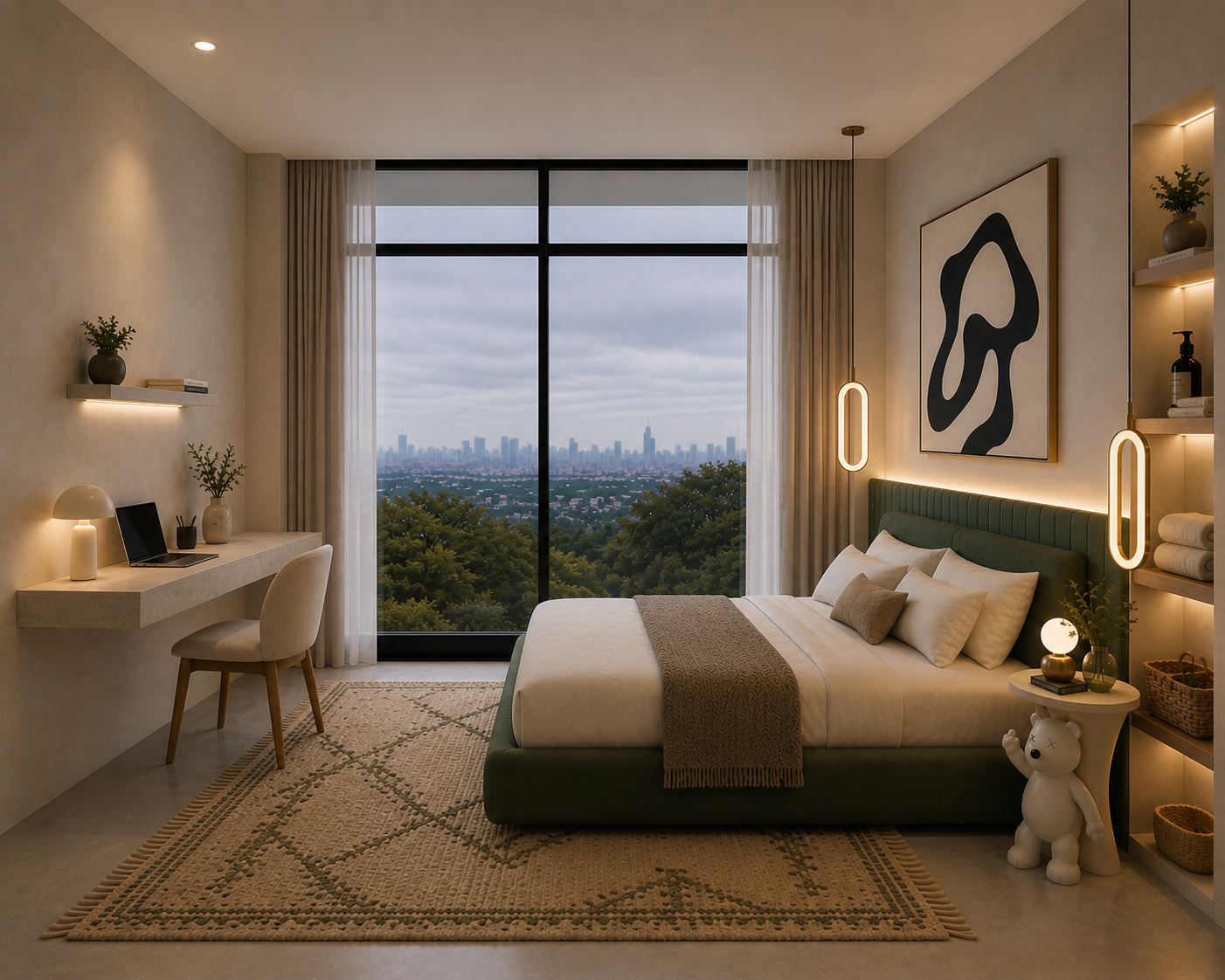 Bedroom variation B — swivel chair, line-art artwork, full window