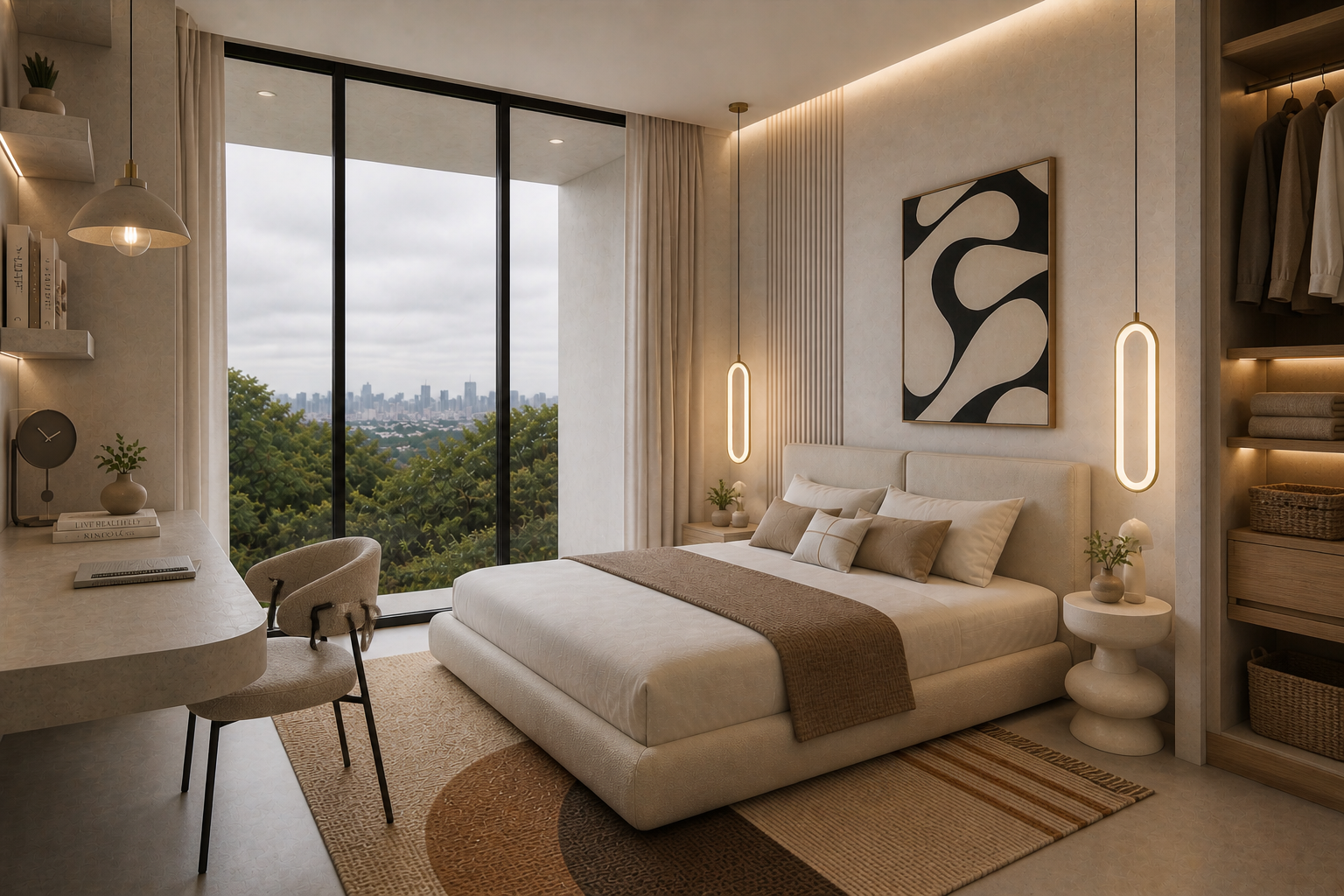 Bedroom variation C — desk corner, full window, signature artwork