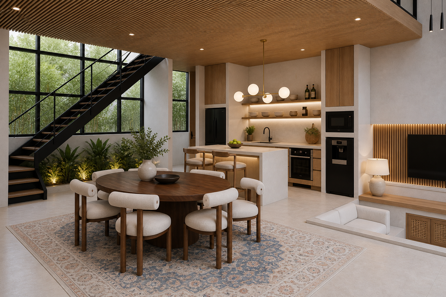 Ground floor — round dining table, kitchen island, floating staircase