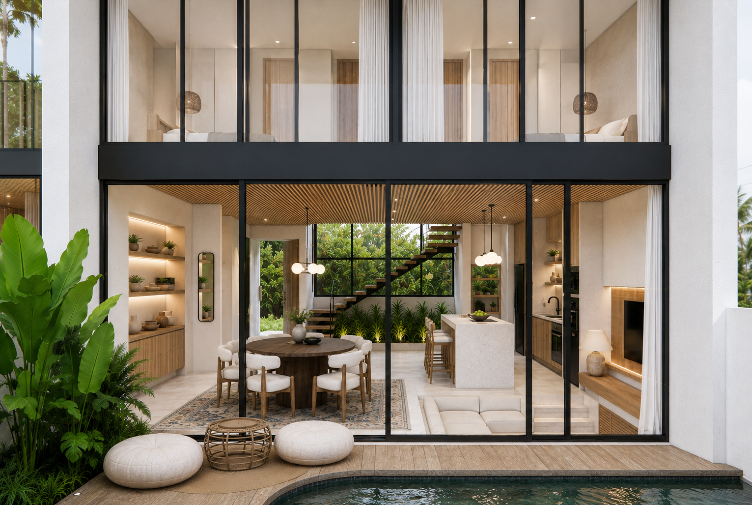 Shakiro Villa — front elevation showing double-height glazing, kitchen, dining and mezzanine