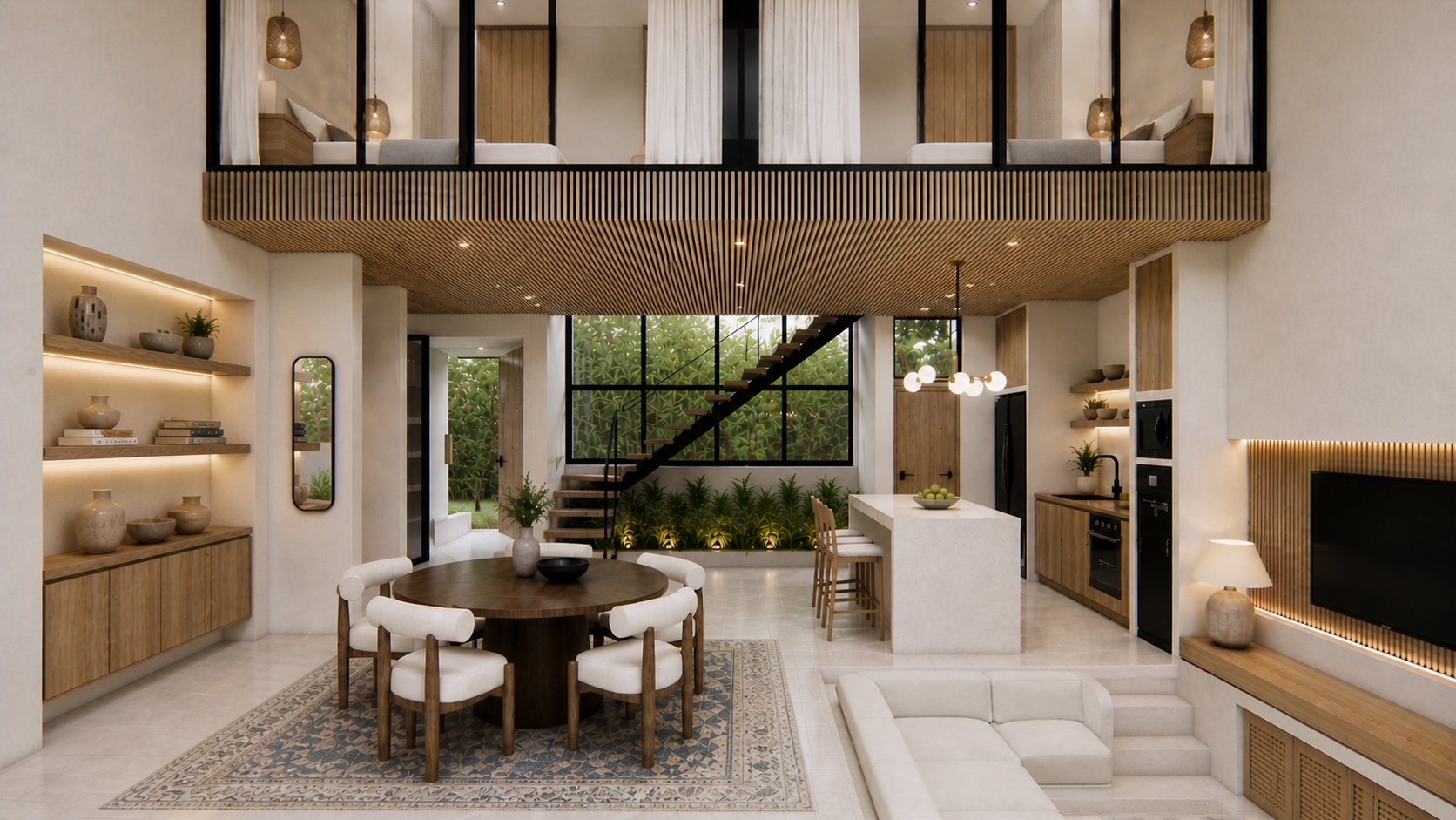 Ground floor — dining and kitchen looking up to the mezzanine bedrooms