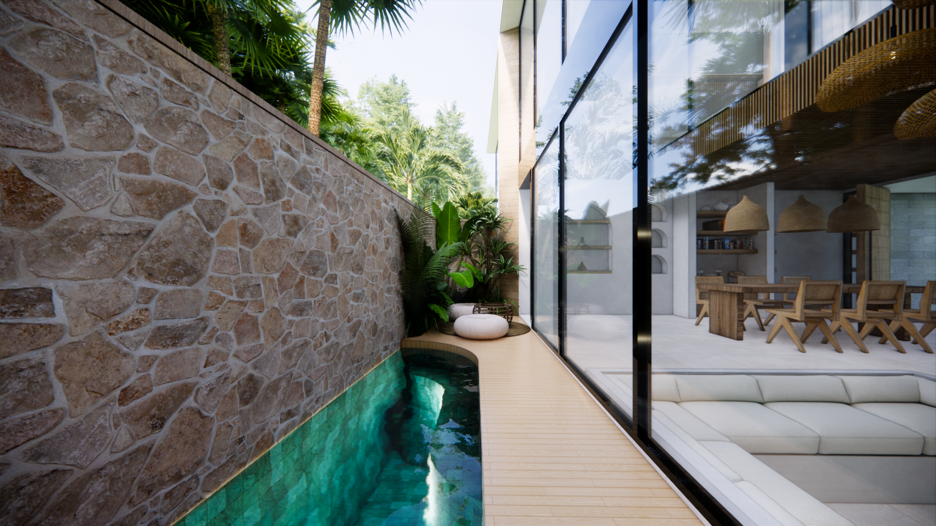 Shakiro Villas — side garden, plunge pool and glass-walled living room