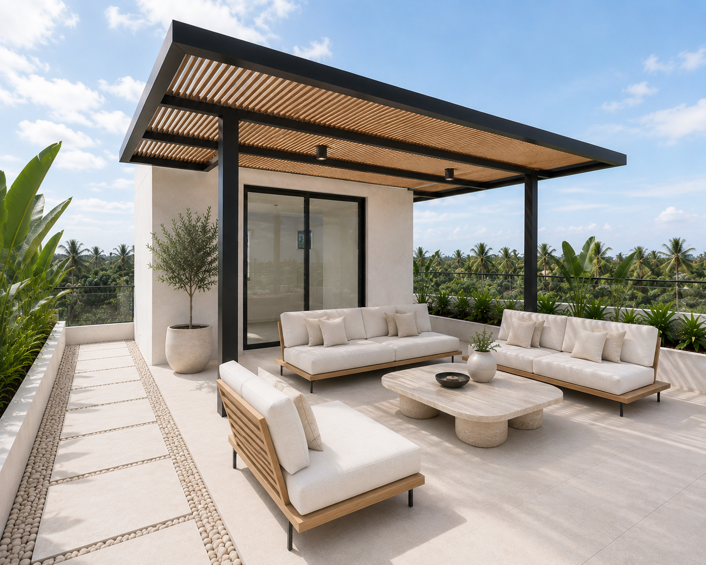 Rooftop master suite with covered terrace and palm canopy view