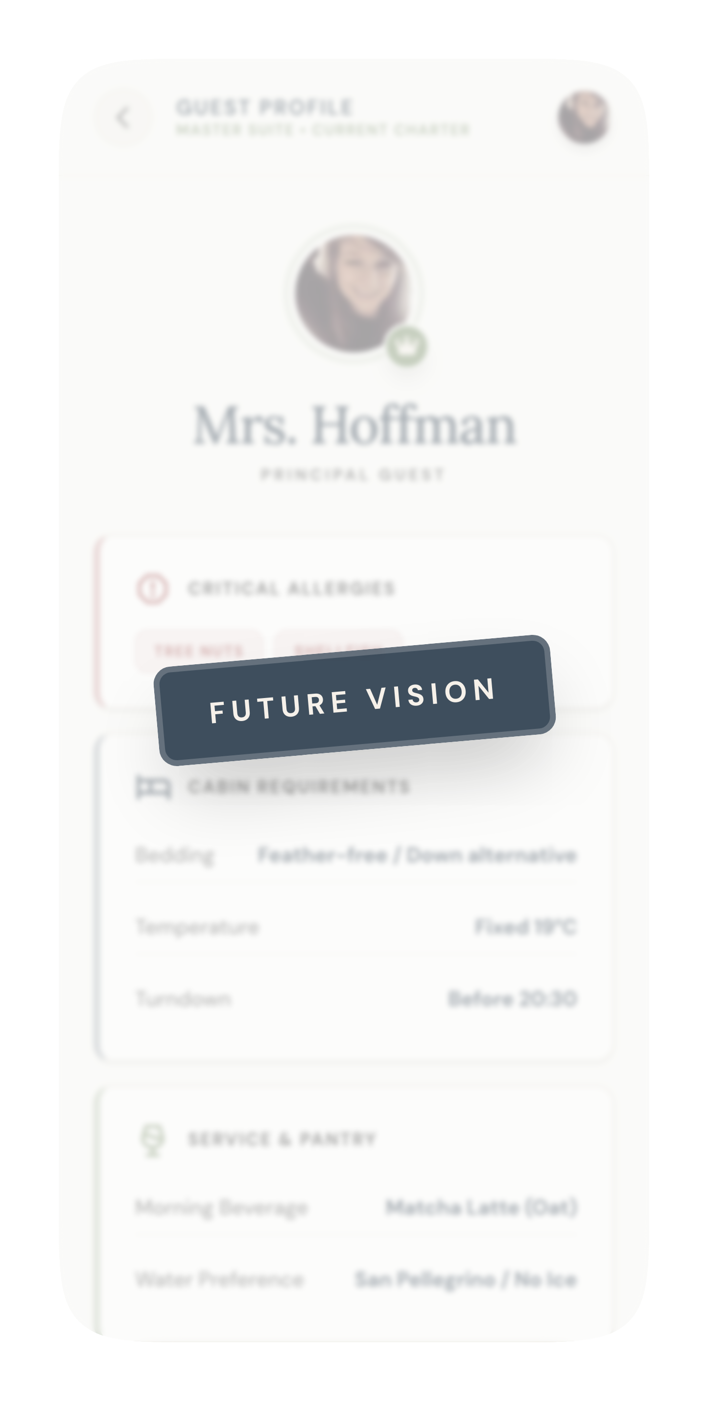Guest profile concept, flagged Future Vision — critical allergies, cabin requirements, and service preferences in one record