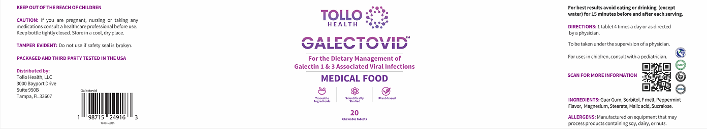 Original Galectovid label artwork — white background, purple Tollo Health and Galectovid wordmarks, full regulatory copy
